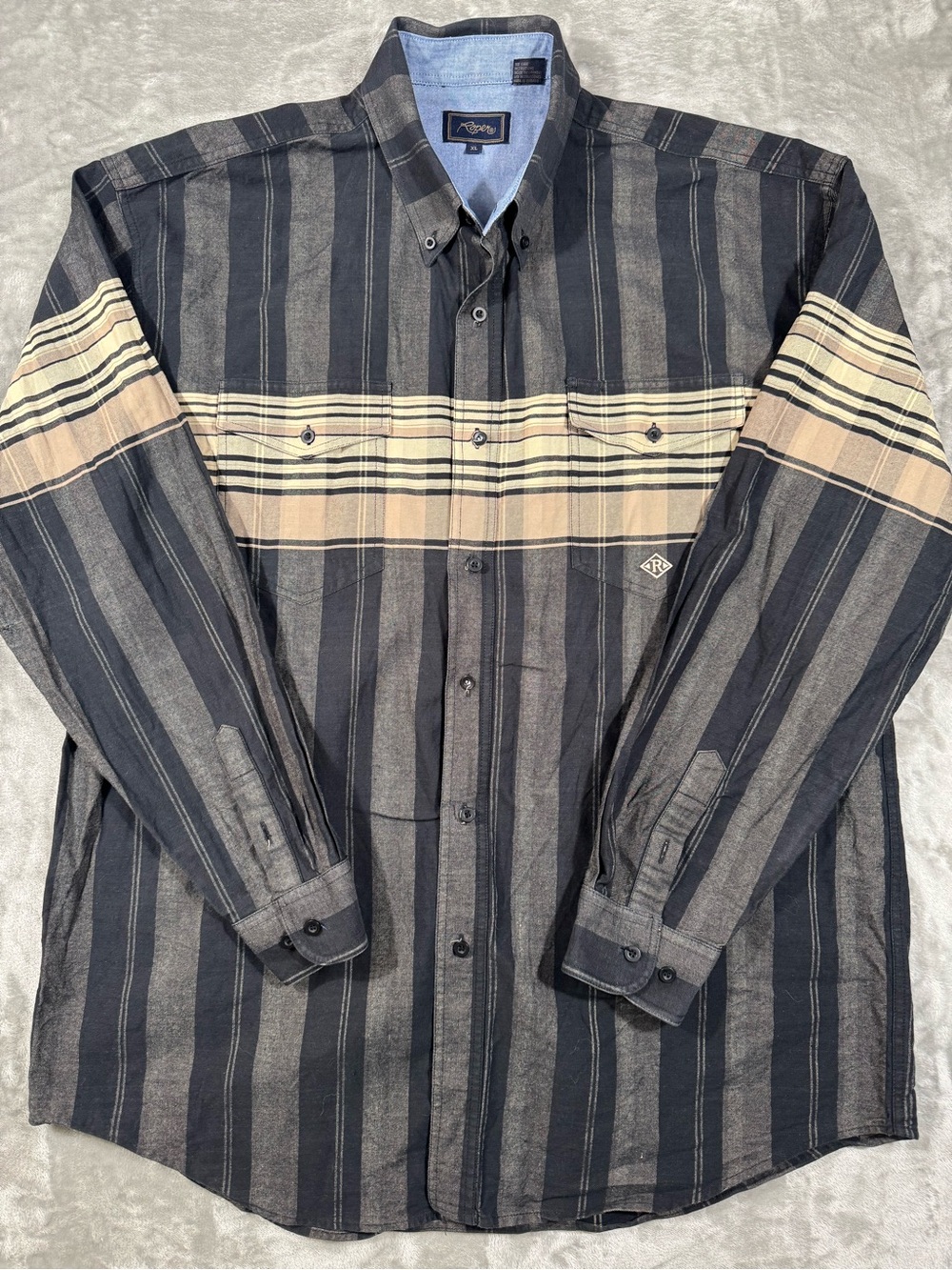 Roper Black Gray Stripe Canvas Button Down Shirt Mens Sz XL